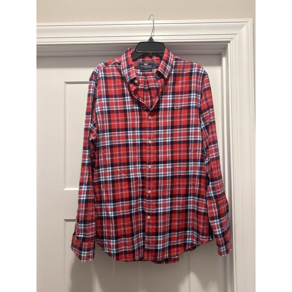 Vineyard Vines Men's Slim Fit Whale Brushed Flannel Shirt Red Plaid Size Large - Picture 1 of 4